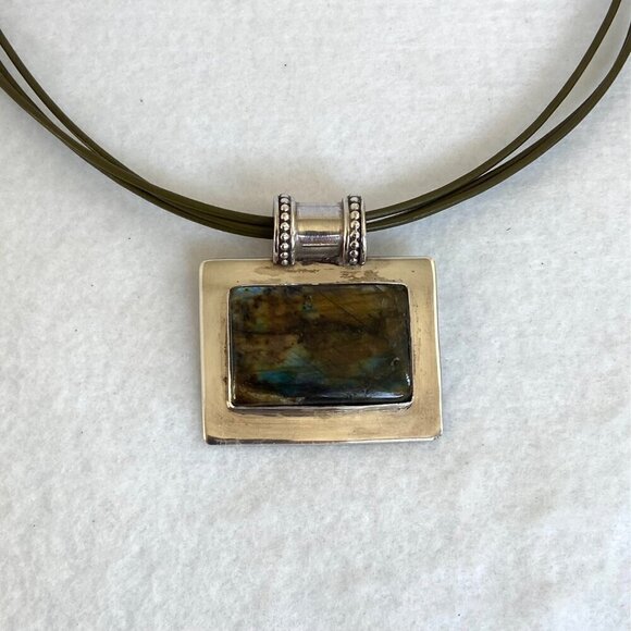 Sterling Silver 925 Chunky Rectangular Labradorite Slide Pendant Necklace 18" - Picture 13 of 16